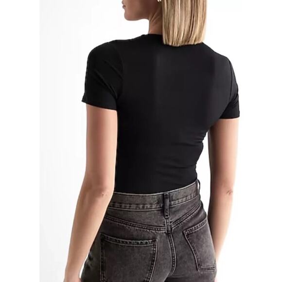 MOTT & BOW WOMEN XS BLACK V-NECK FITTED MARCY TEE PERUVIAN COTTON CAP SLEEVES - Picture 2 of 10